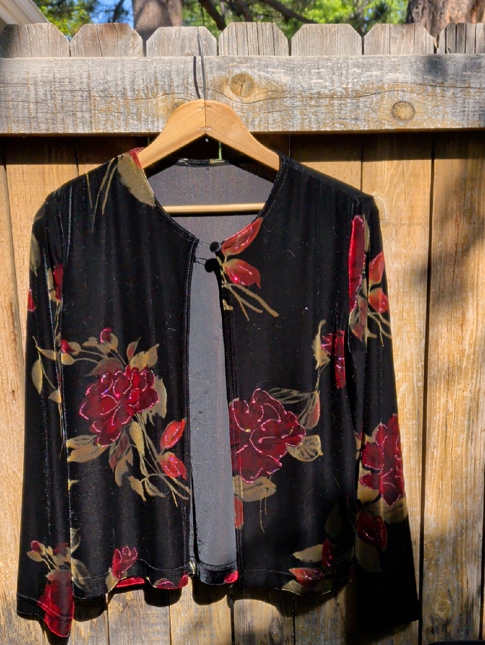 Black Velvet Floral Evening Jacket with Red Rose Print